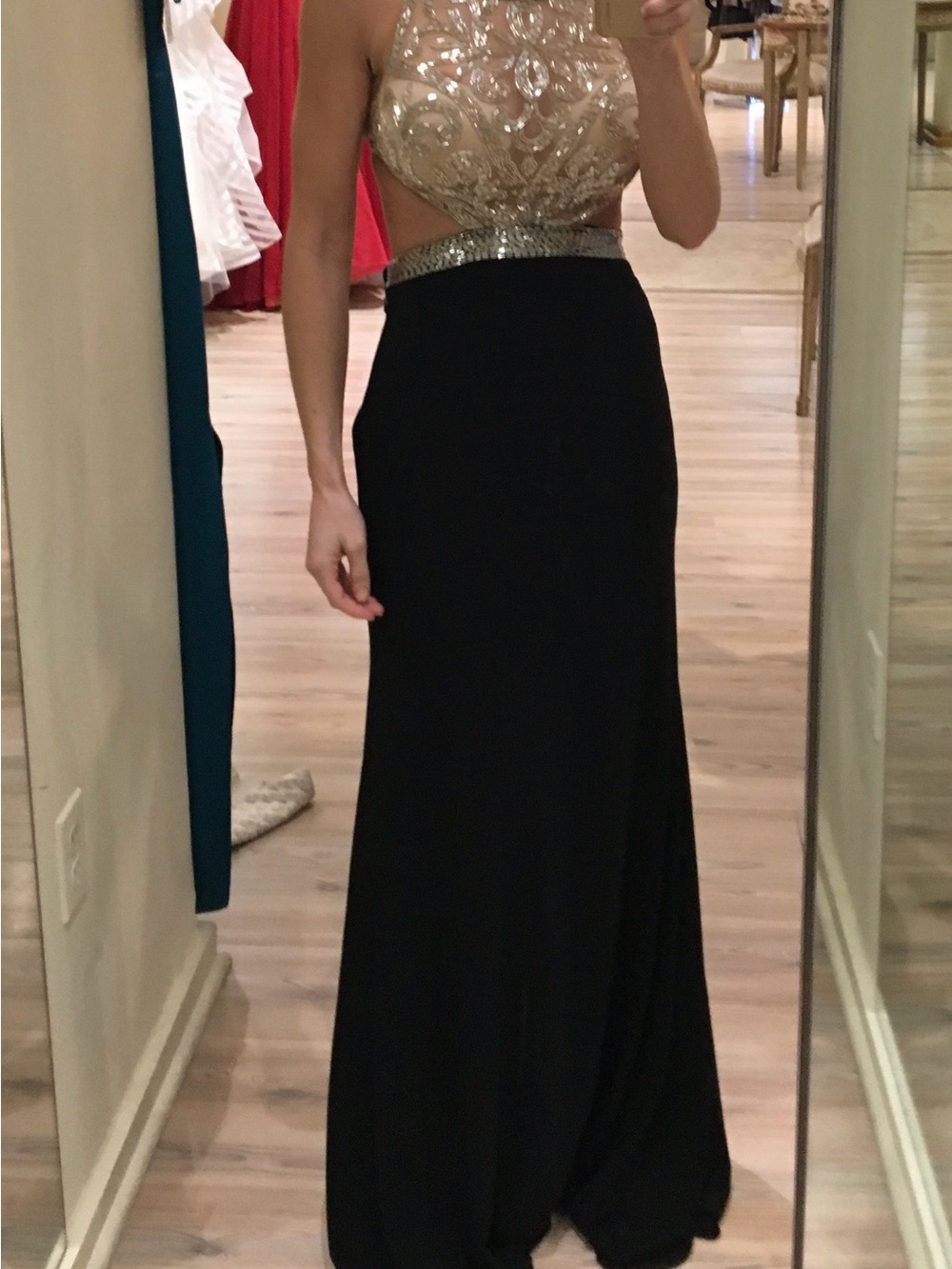 Alyce Paris Black Gown with Gold Embellished Halter Bodice